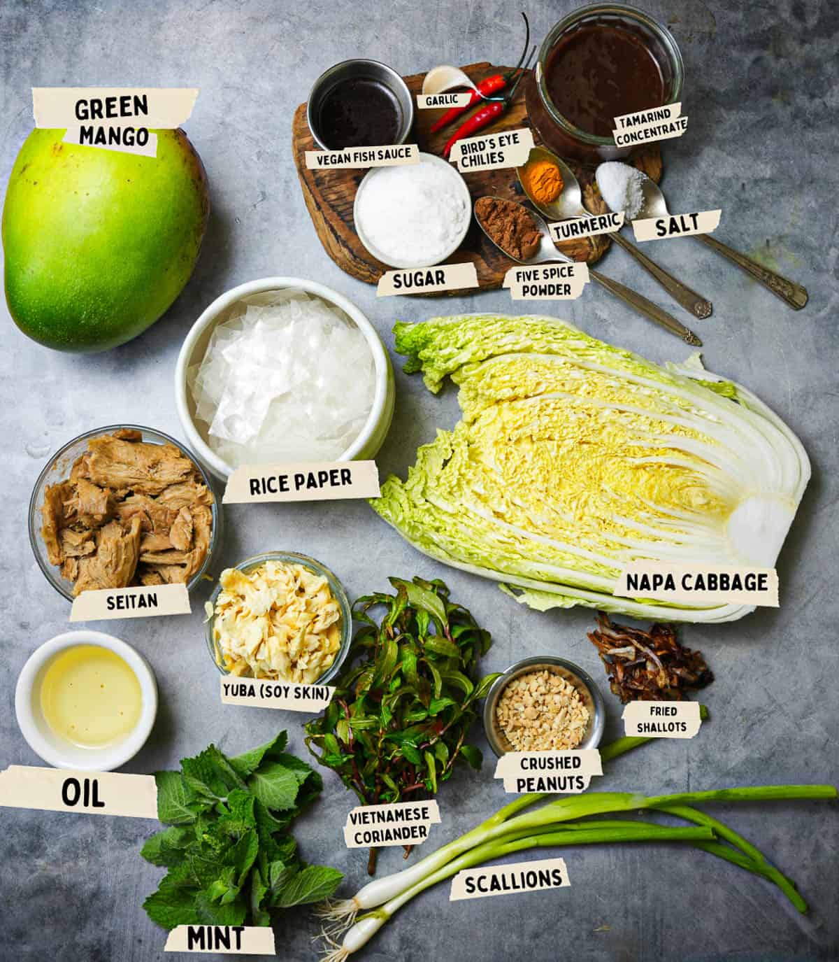 Ingredients for a Vietnamese rice paper salad measured and labeled on a counter top.