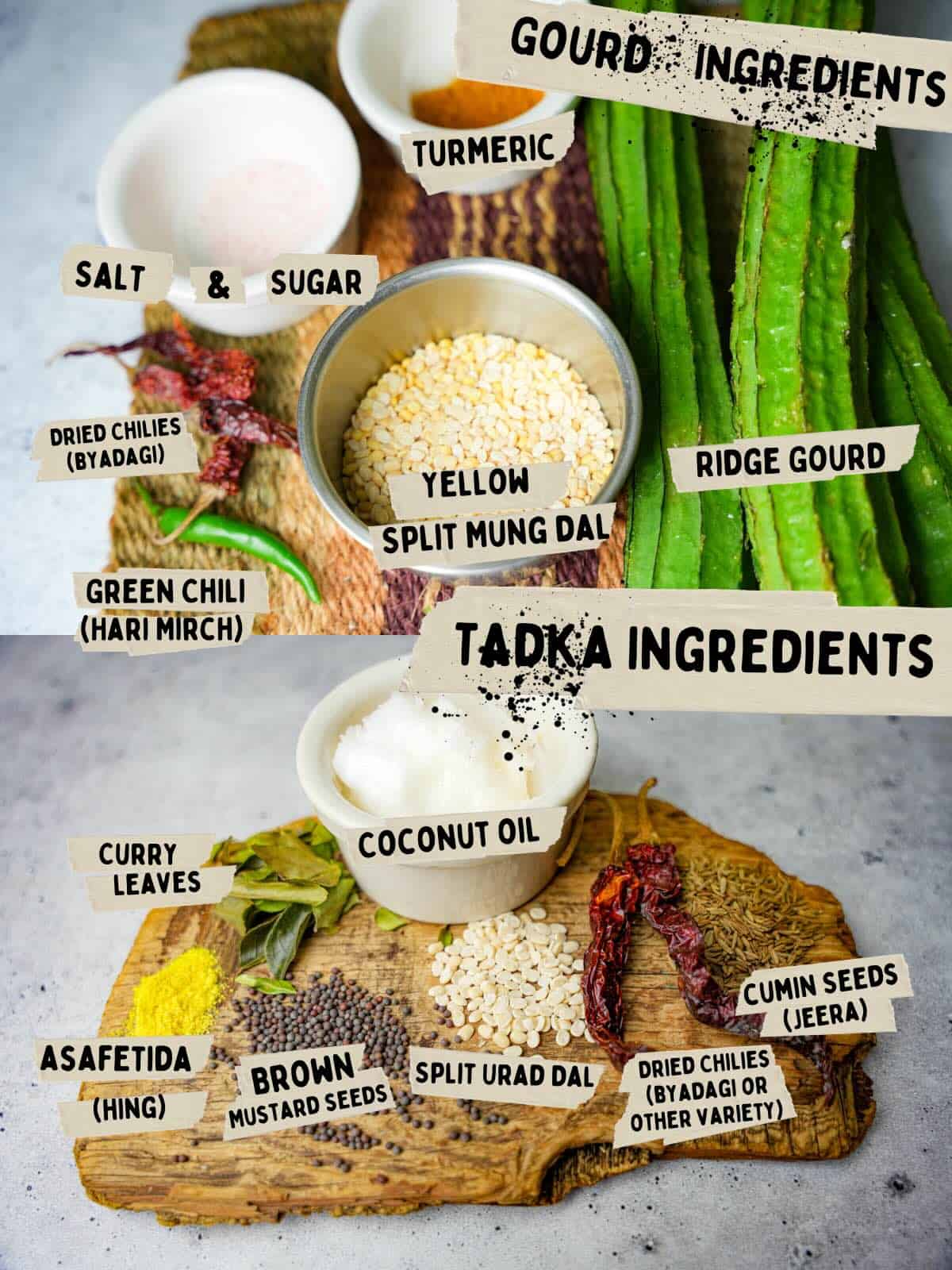 ingredients for Peerkangai and its tadka on a cutting board.