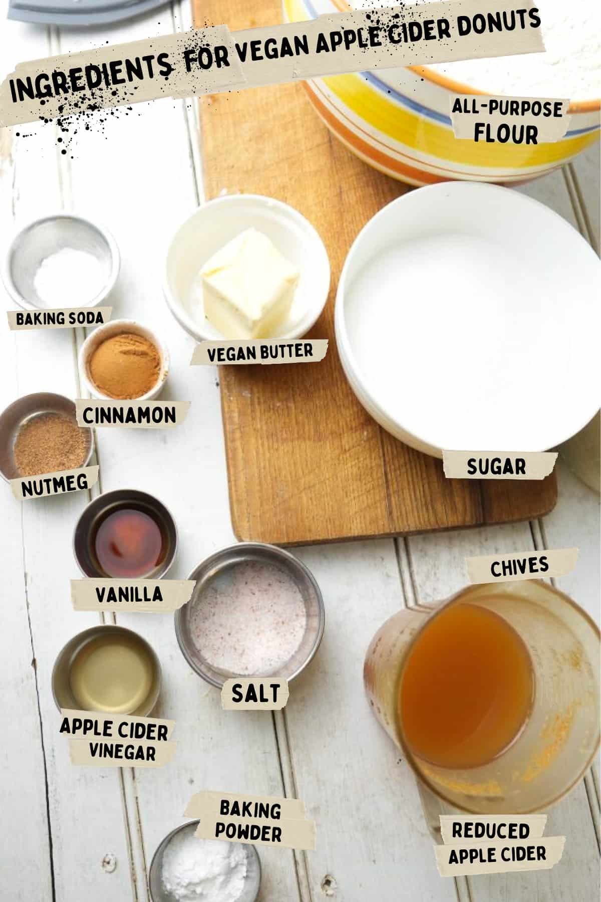 all ingredients for this recipe measured out in small cups: Apple cider
Fresh diced, peeled apple
vegan butter
egg replacer powder
sugar (evaporated cane juice)
soy milk
vanilla extract
apple cider vinegar
all-purpose flour
baking powder
baking soda
nutmeg
cinnamon
salt.