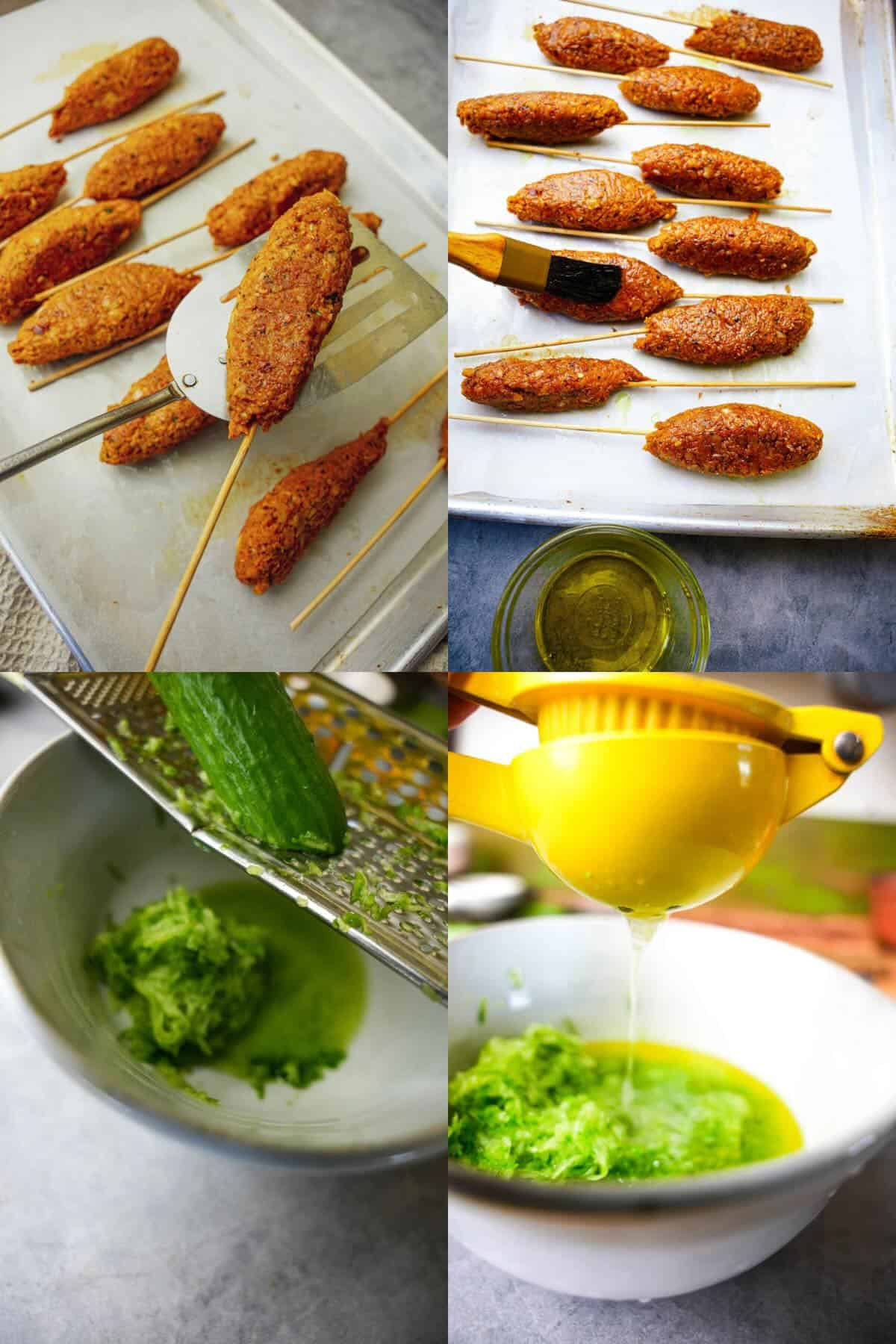 A series of photos showing how to make vegan kofta skewers and grating cucumber for tzatziki sauce.