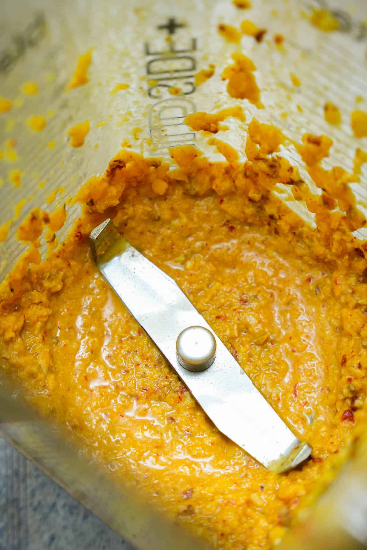 Curry paste is ground up in a blender.