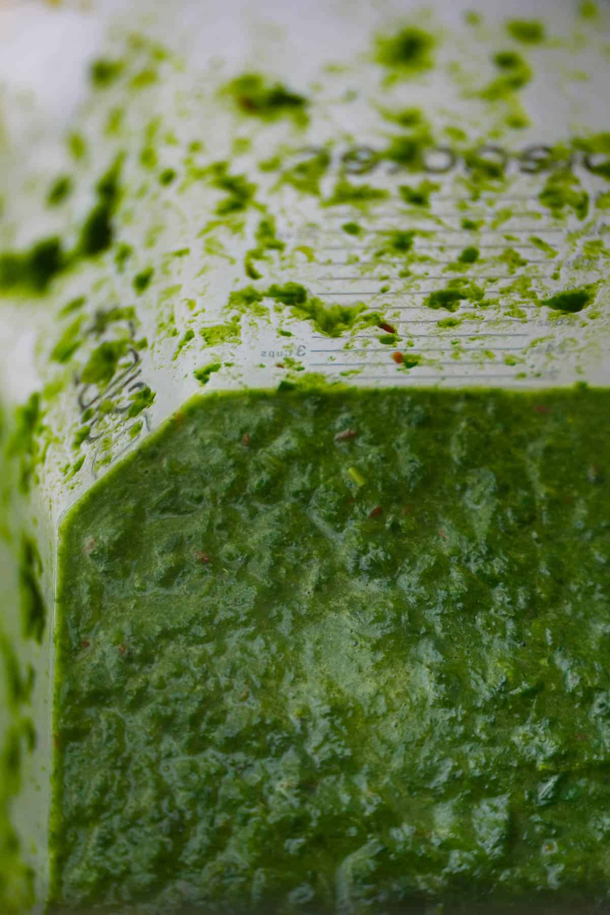 Spinach is pureed in a blender pitcher.