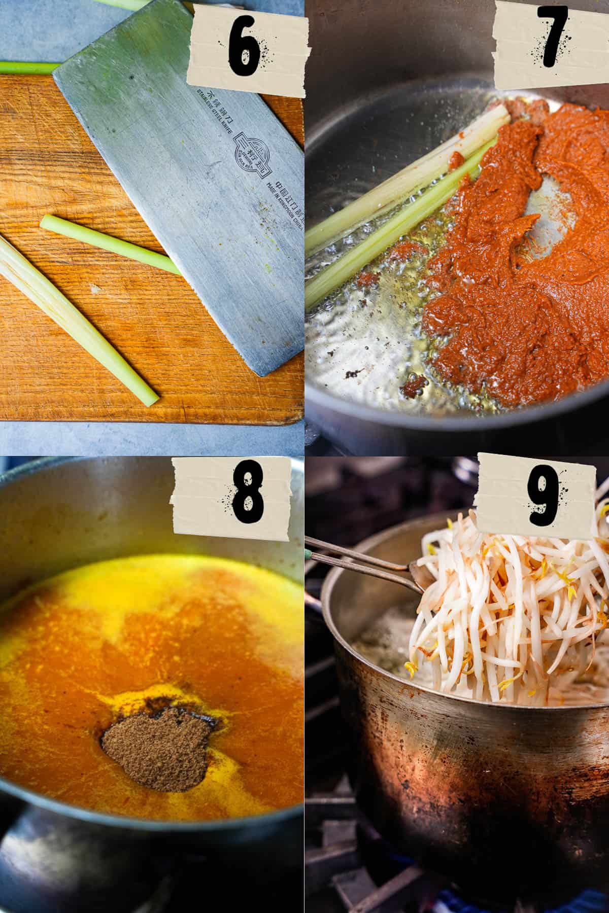 A set of four cooking steps:
1-A cleaver on a cutting board being used to bruise and crush lemongrass.
2- A pot of curry paste and lemongrass frying in oil.
3- Coconut sugar and other ingredients are added to the broth.
4- A pot of bean sprouts blanching in a pot on a stove with a spoon.