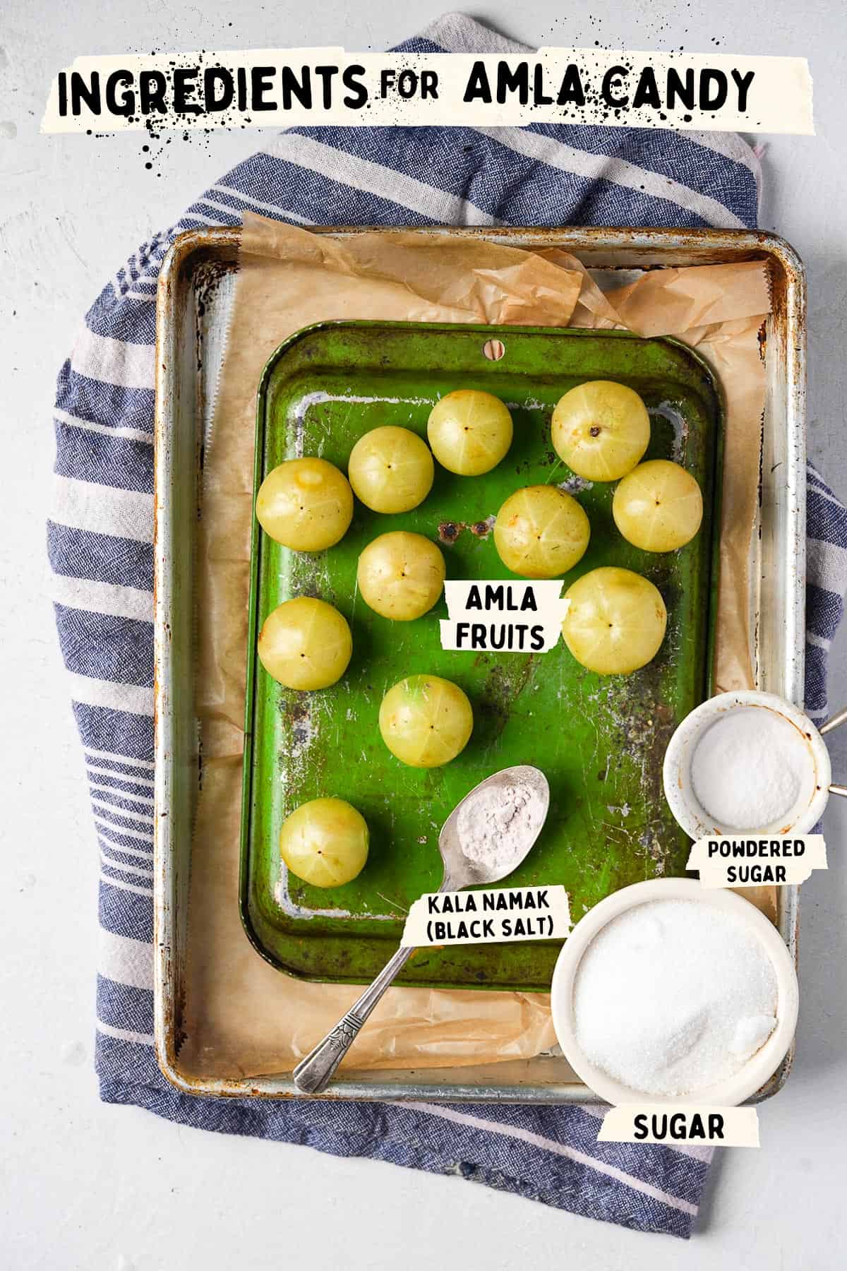 Ingredients for amla candy on a baking sheet.
