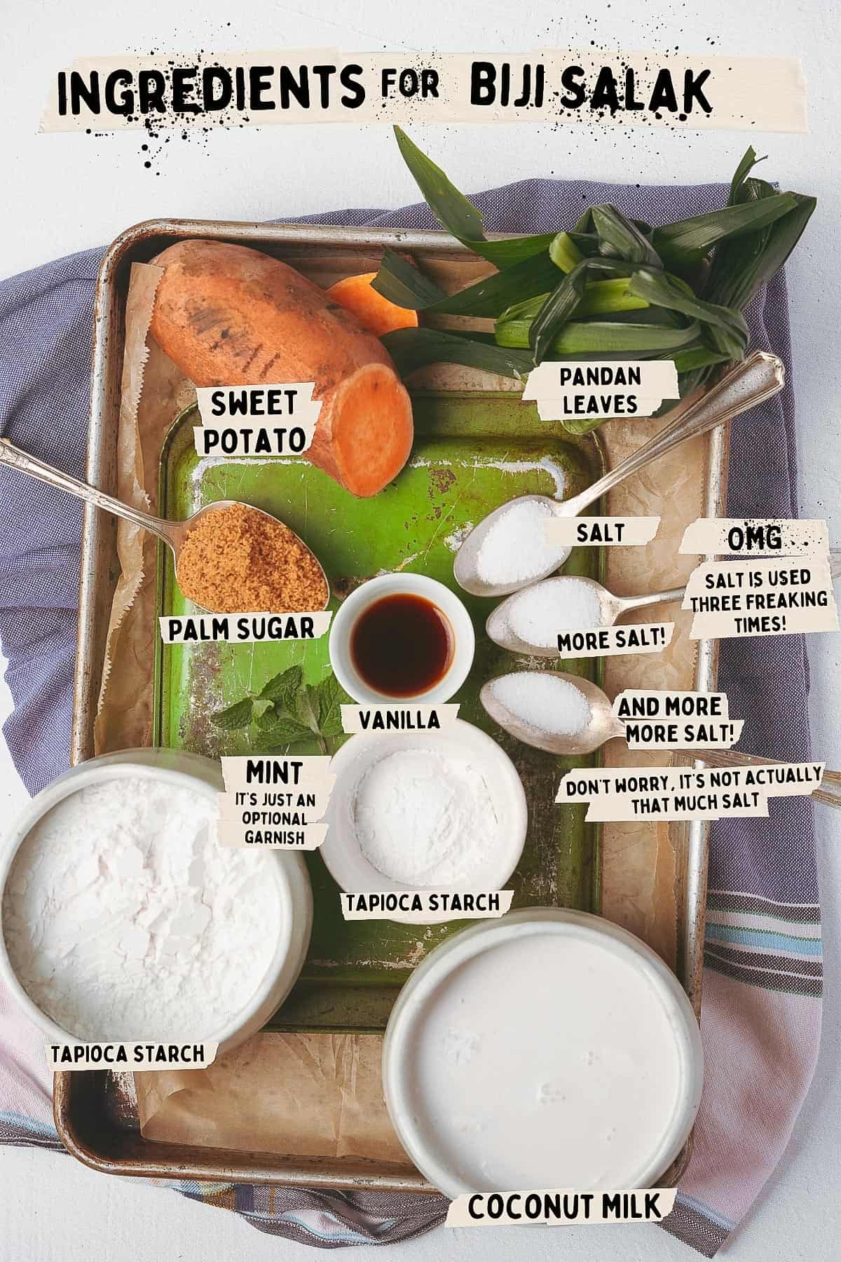 Ingredients for biji salak are laid out and labeled on a tray.