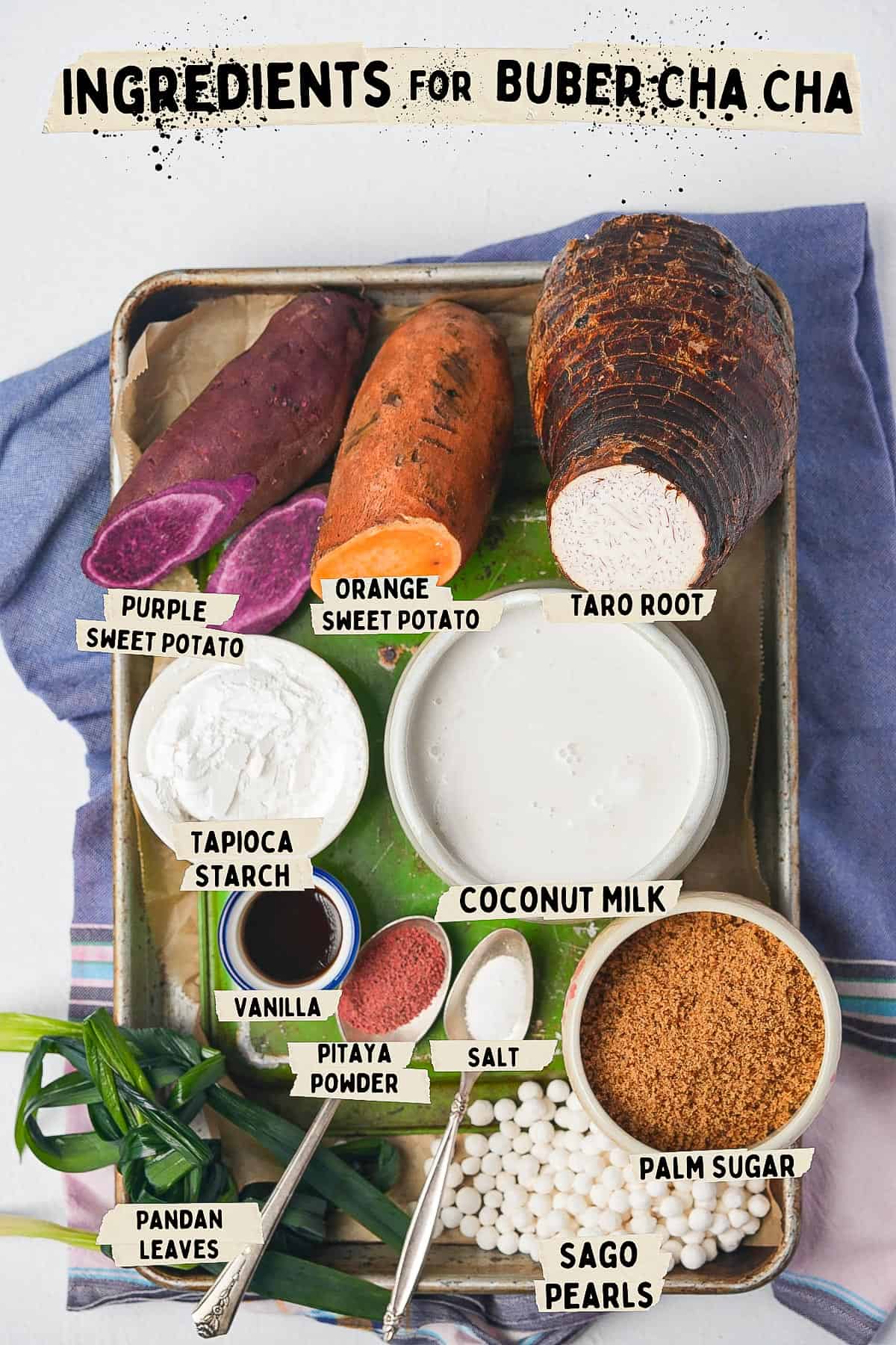 A tray with ingredients for making buber cha cha.