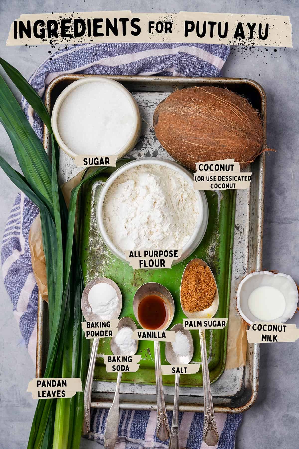 Ingredients for putu ayu on a tray.