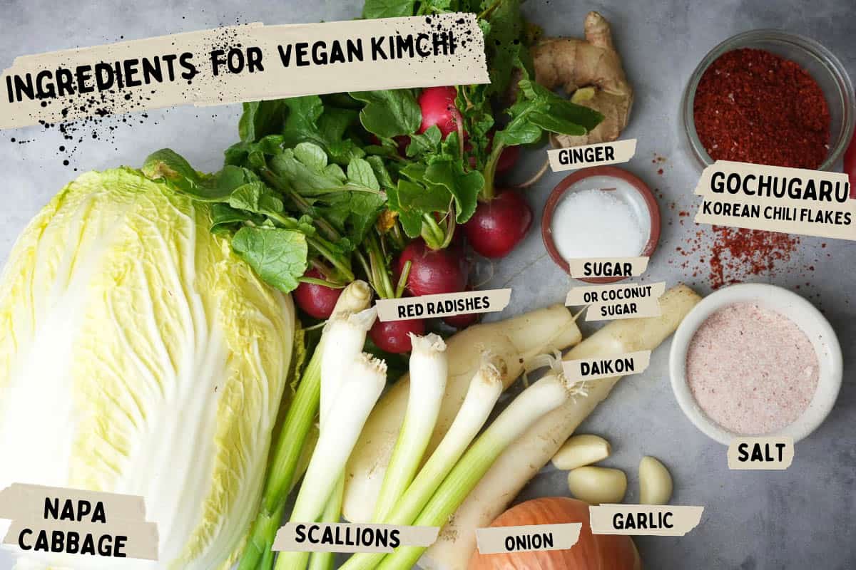 Ingredients for vegan kimchi on a table.