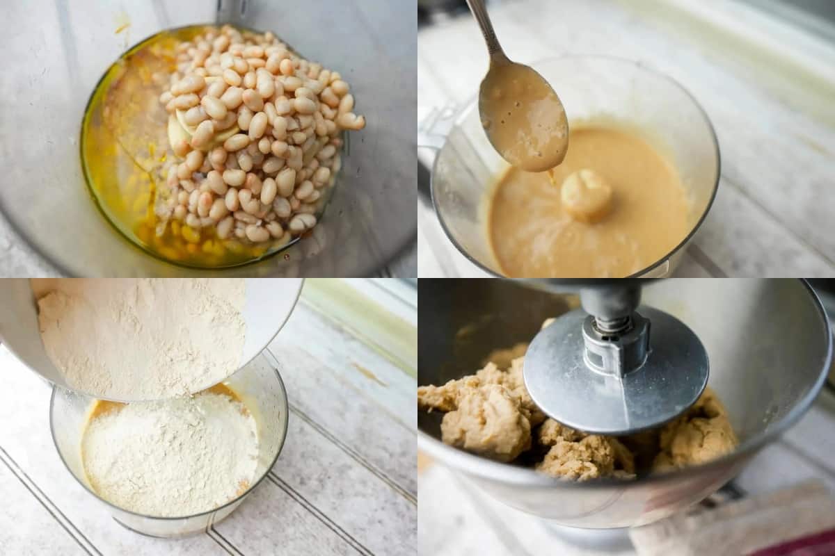 A series of photos showing how to make vegan chicken dough.