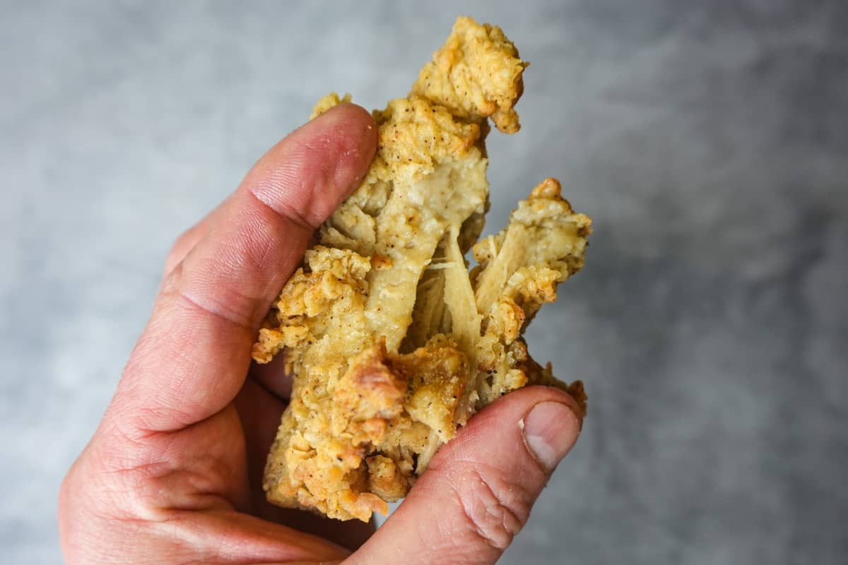 a piece of fried seitan ripped into so you can see the moist meaty texture inside, and the crips exterior.