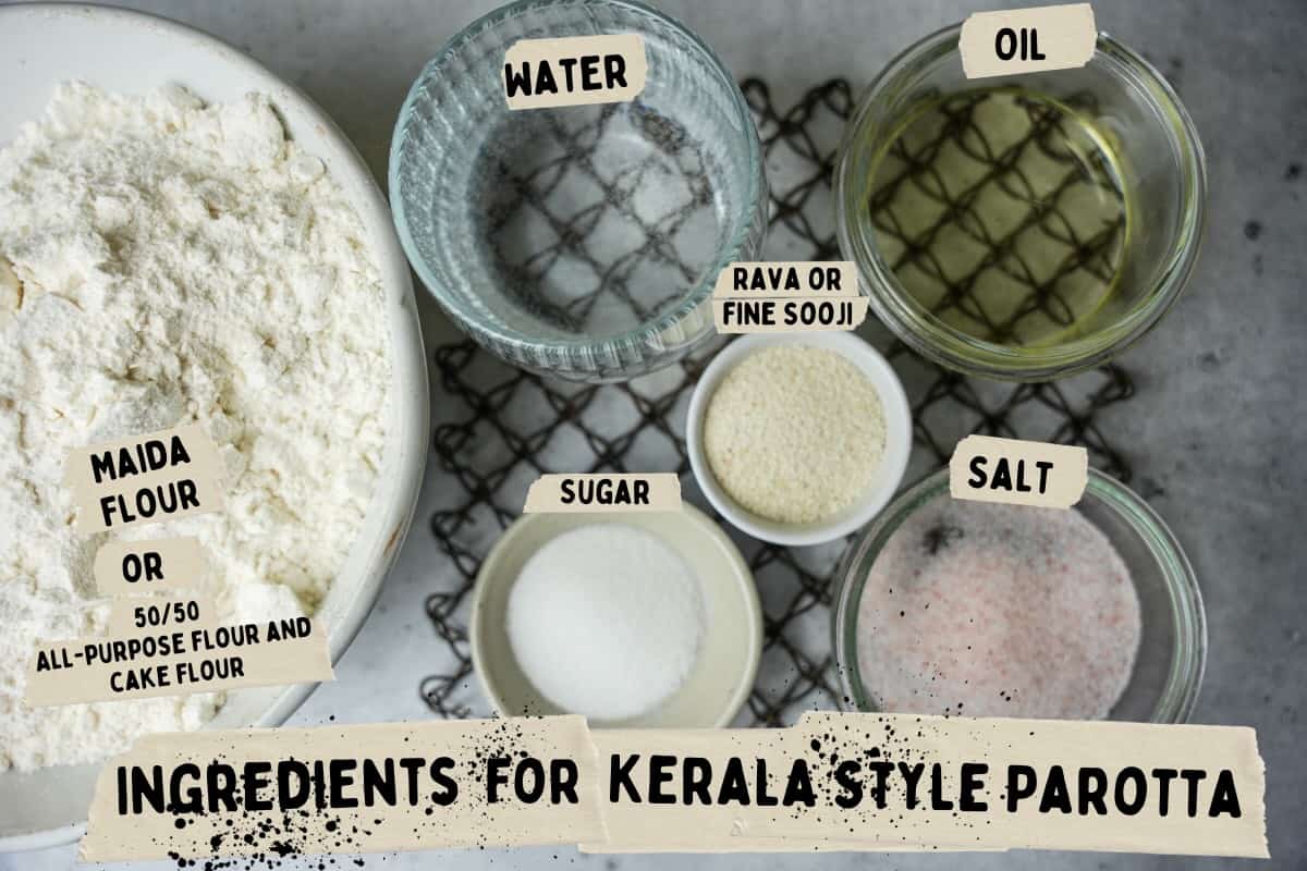 Ingredients for making parotta are measured out on a stone counter.