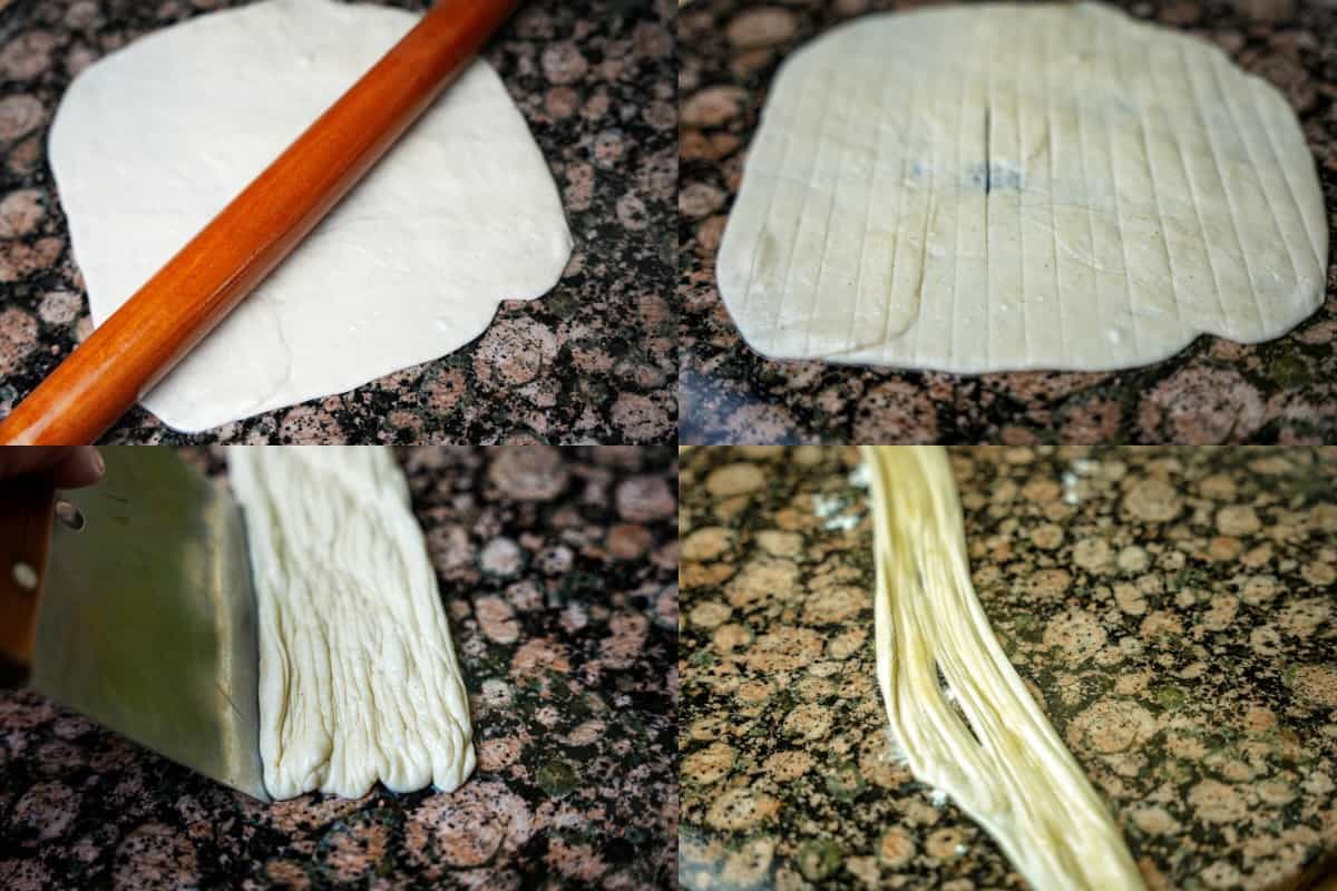 A sequence of four photos showing how to form parotta dough.