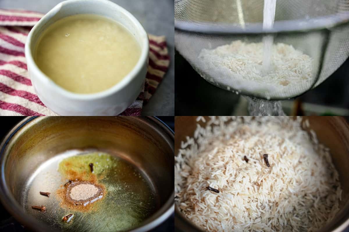 A series of photos showing the process of the initial rice cooking for biryani.