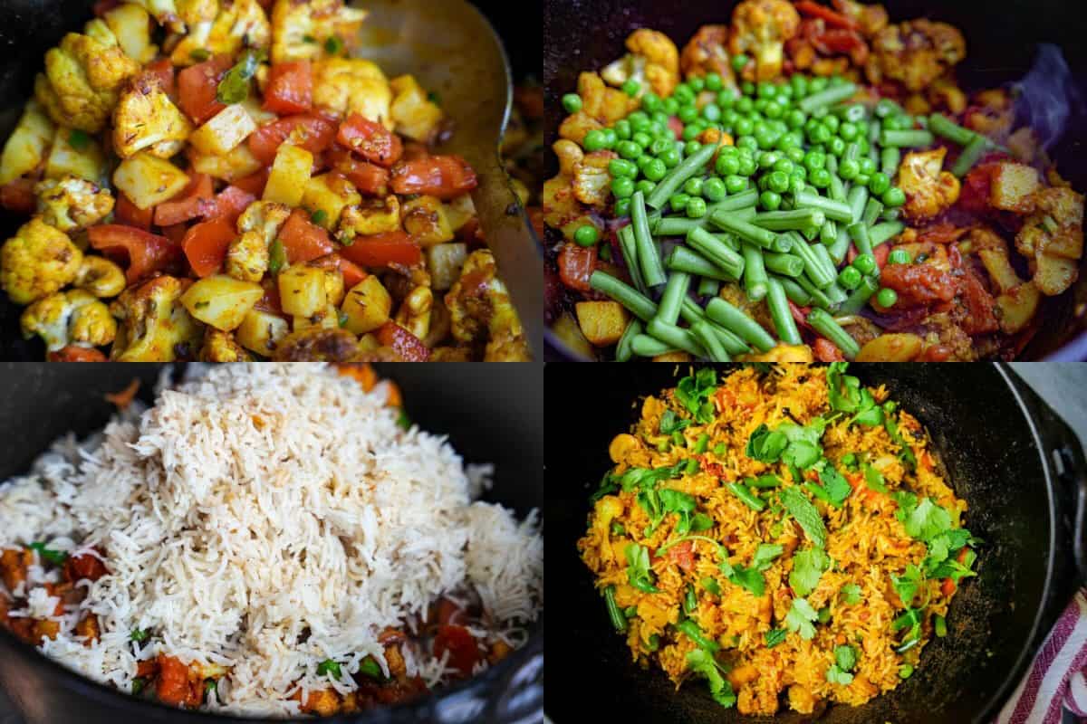 A vegan biryani showcasing a medley of vegetables and rice in a pan to cook and finish vegan biryani.