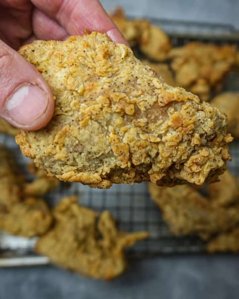 a close of up the texture of the batter-fried seitan. YOu can see all the crunchy nooks and crannies.