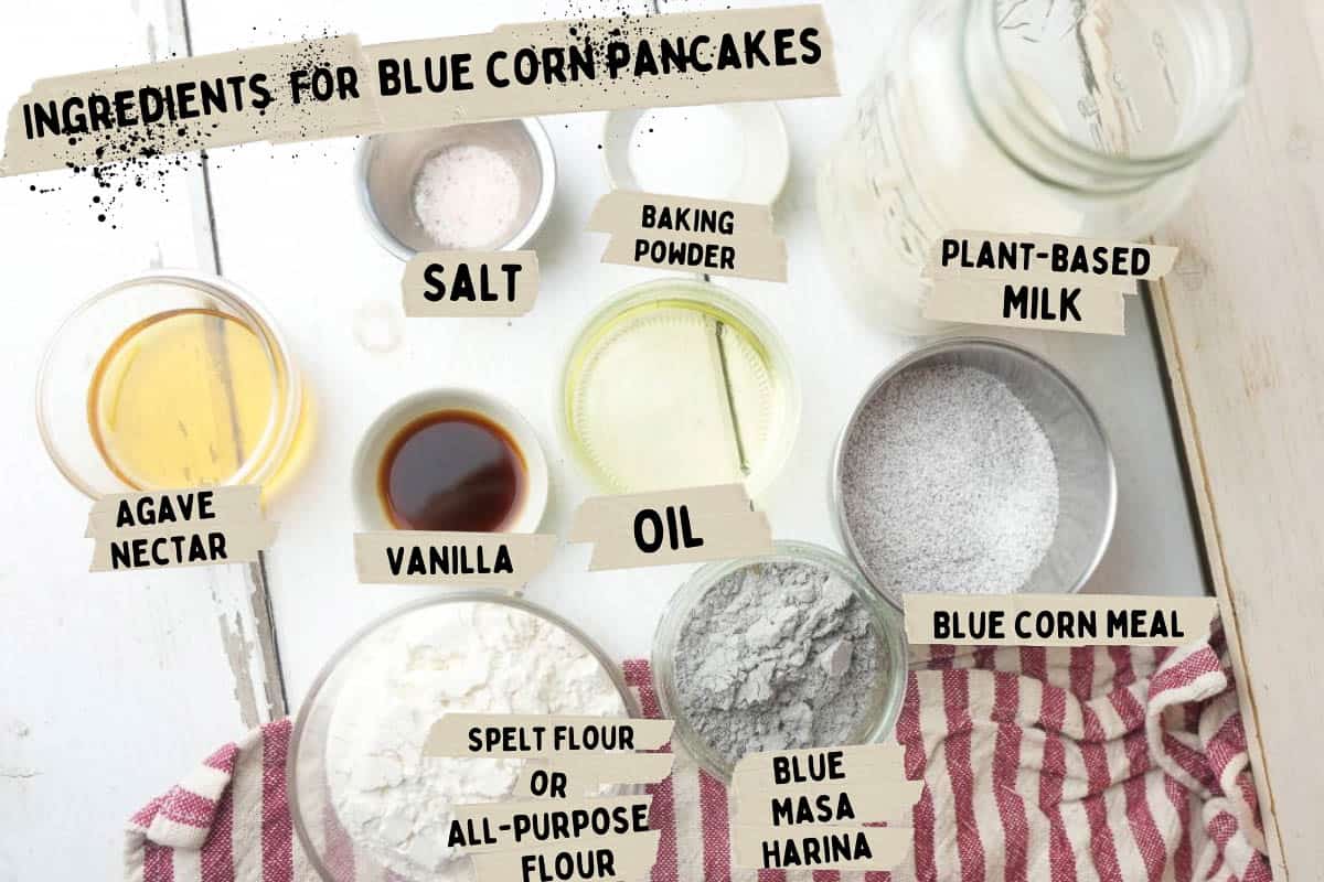 Vegan blue corn pancakes ingredients.