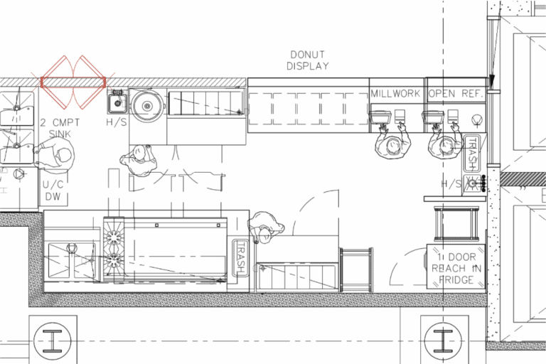 Kitchen layout floor plan with donut display, 3-compartment sink and reach-in fridge