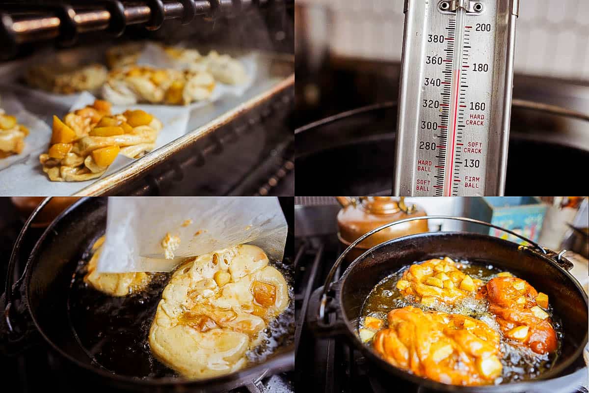 A thermometer is being used to measure the temperature of oil for frying vegan apple fritters.