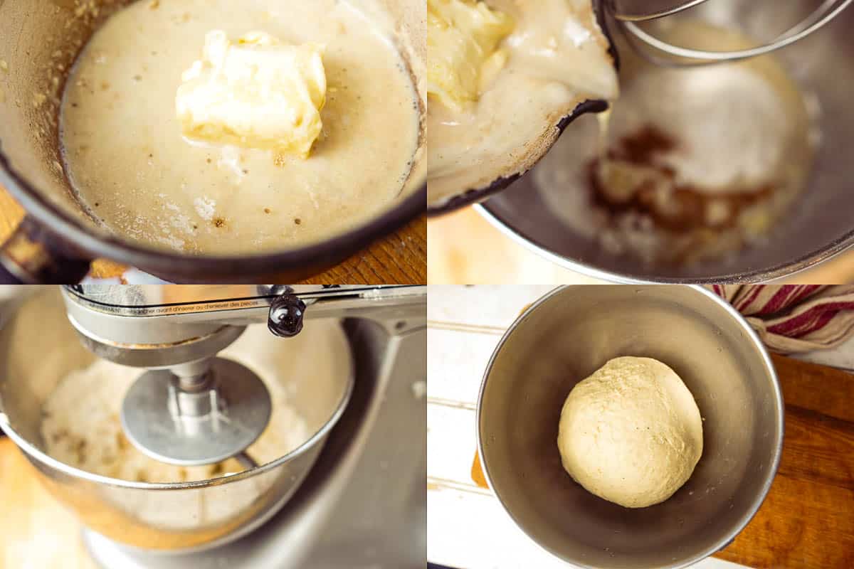 A series of photos showing the process of making vegan apple fritter dough in a mixer.