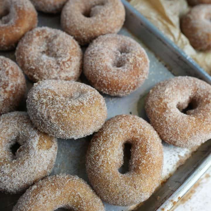 Vegan apple cider donuts coated in cinnamon and sugar on a tray.