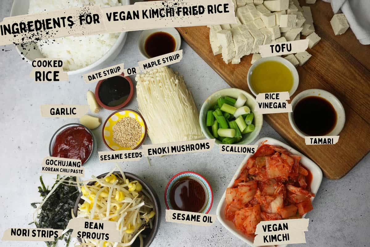 kimchi fried rice ingredients laid out on a table.