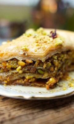 A serving of baklava is being served on a tony plate.