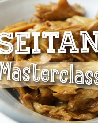 A bowl of seitan with the text "Seitan Masterclass" overlaid on it.