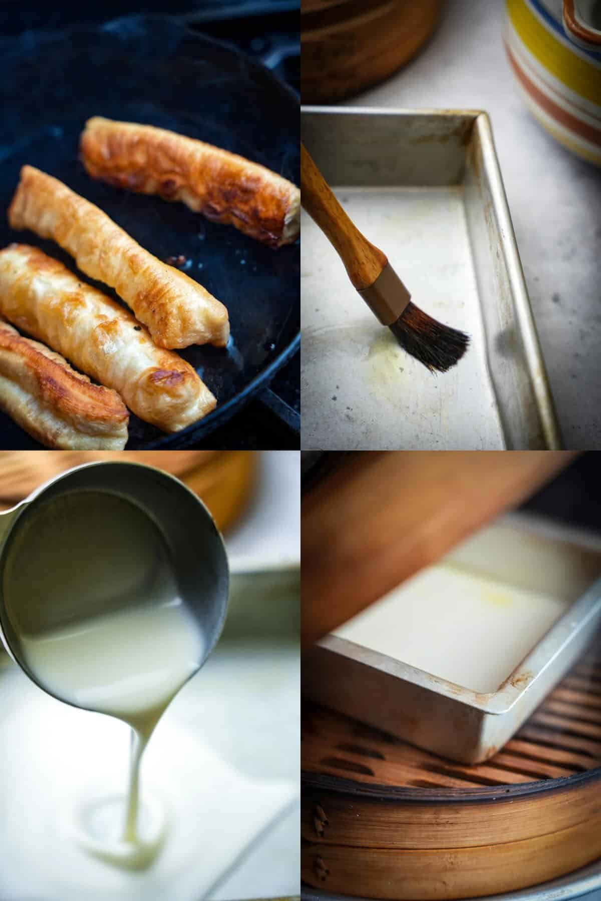 A collage of pictures showing chinese crullers being toasted in a pan, and the pouring of chee cheong fun batter into a pan to be steamed. 