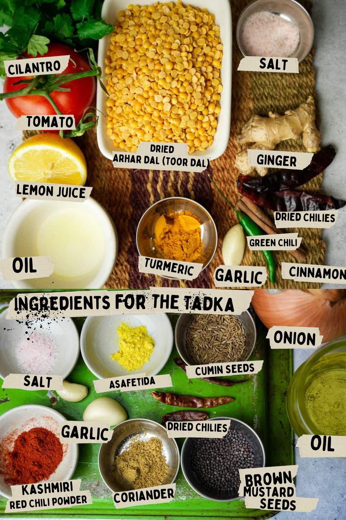 A flat lay of ingredients for making toor dal and tadka, featuring dried arhar dal, an assortment of spices, garlic, ginger, oil, and vegetables, all labeled for easy identification.