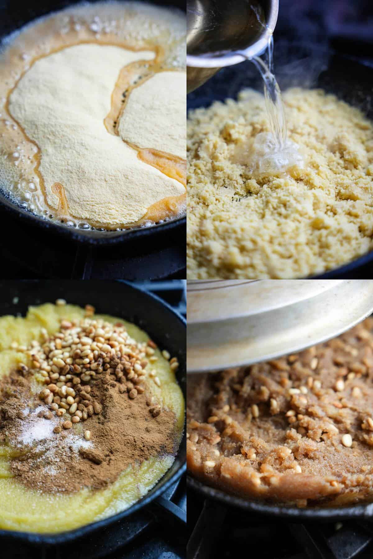 A series of photos illustrating the step-by-step process of making Irmik helvasi.