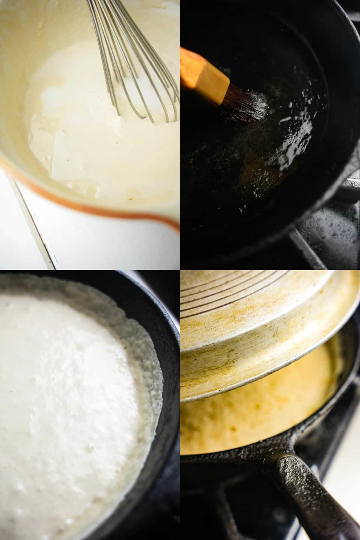 A series of photos showing the process of Wisking martabak batter, oiling a pan, and then cooking the pancakes covered.