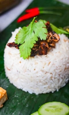 Nasi Uduk betawi topped with seasoned roasted peanuts and cilantro on a banana leaf with tofu, cucumbers, sambal and other sides.