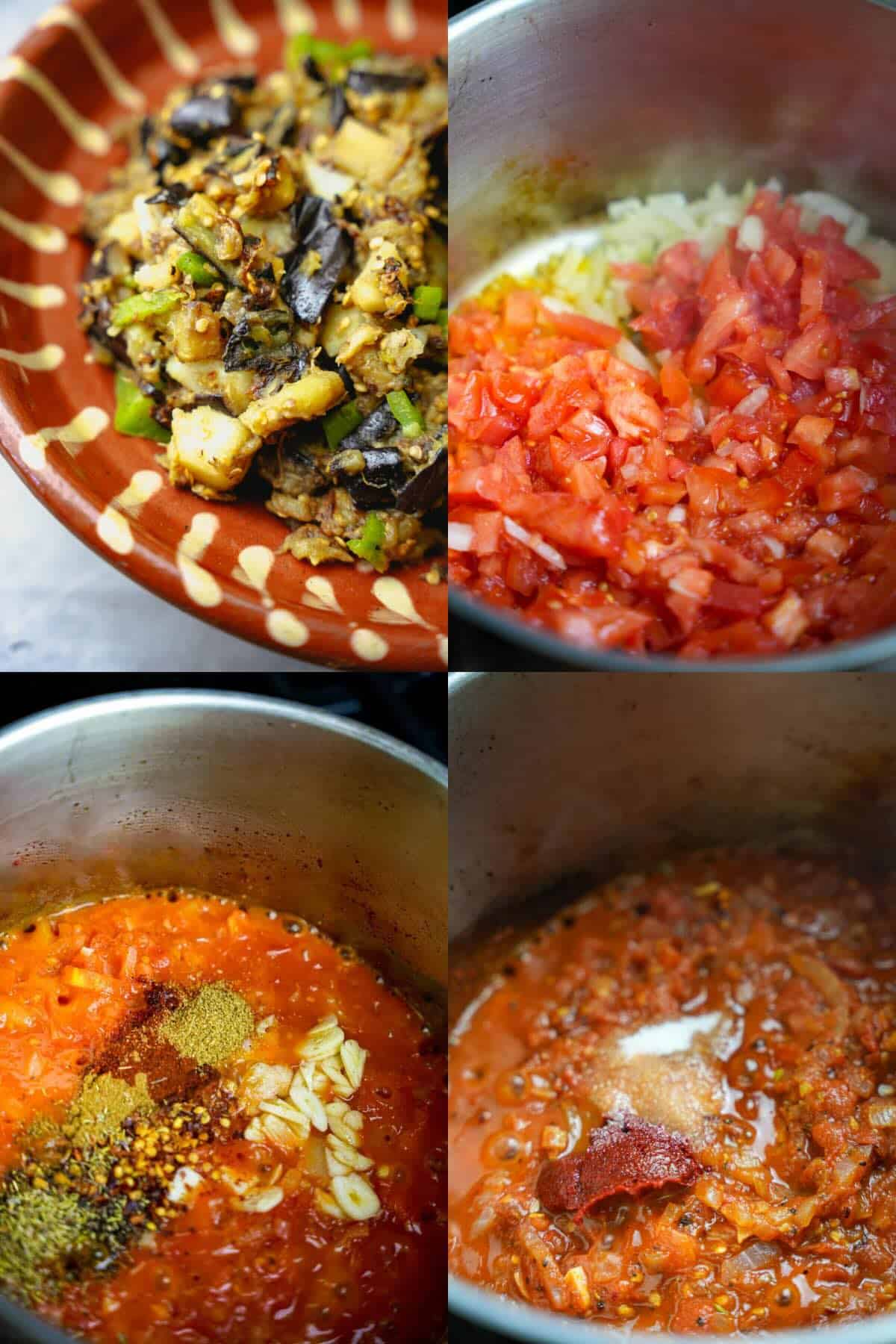 A series of photos showing the process of making Şakşuka tomato sauce.
