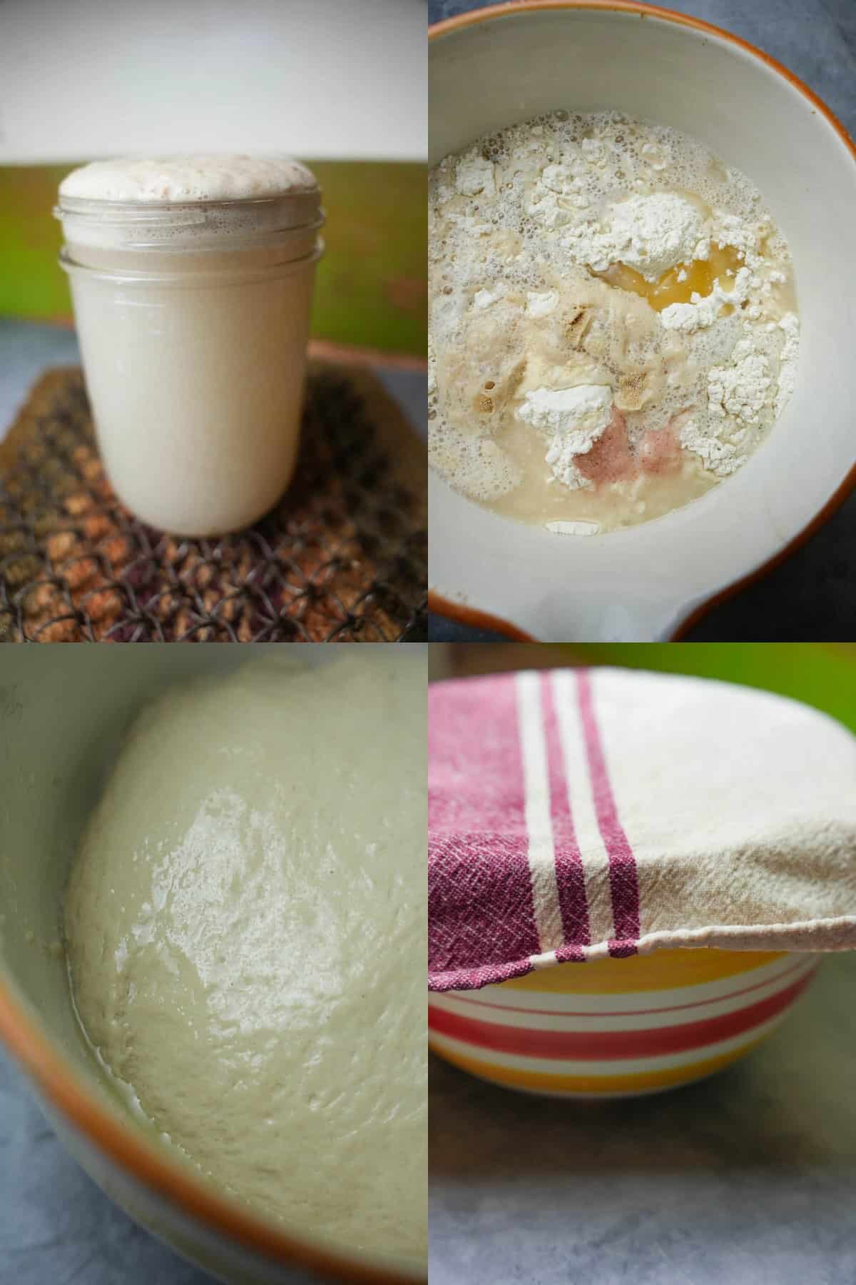 A set of four photos showing the proofing of yeast and forming of dough for kulcha bread making.