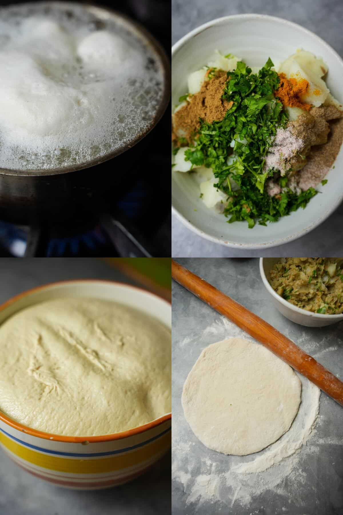 A collage of photos showing the process of making the filling and rolling out dough for Amritsari Kulcha, a delicious variation of naan bread.