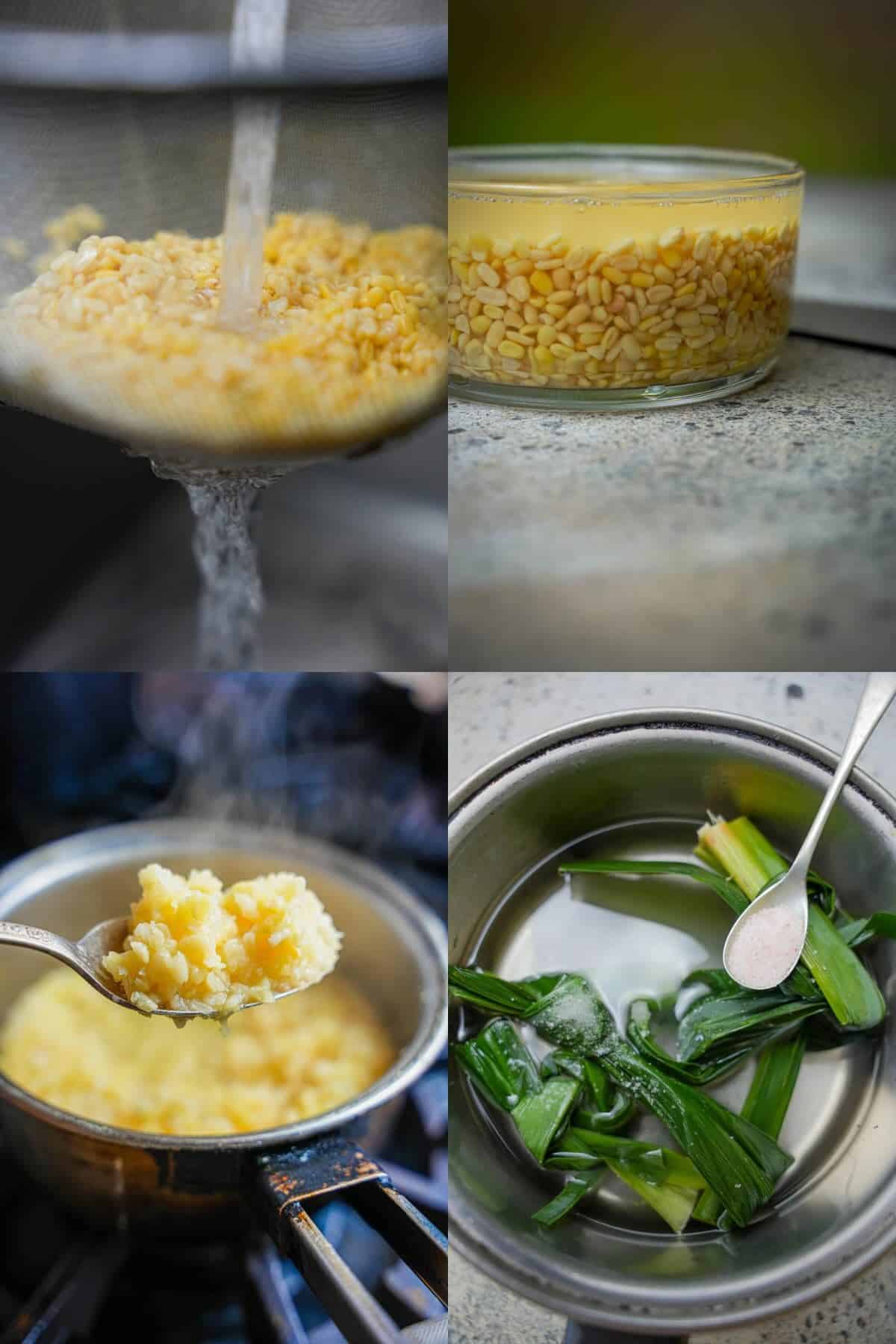 A series of photos showing mung beans getting rinsed, soaked cooked, and pandan leaves being cooked with water.