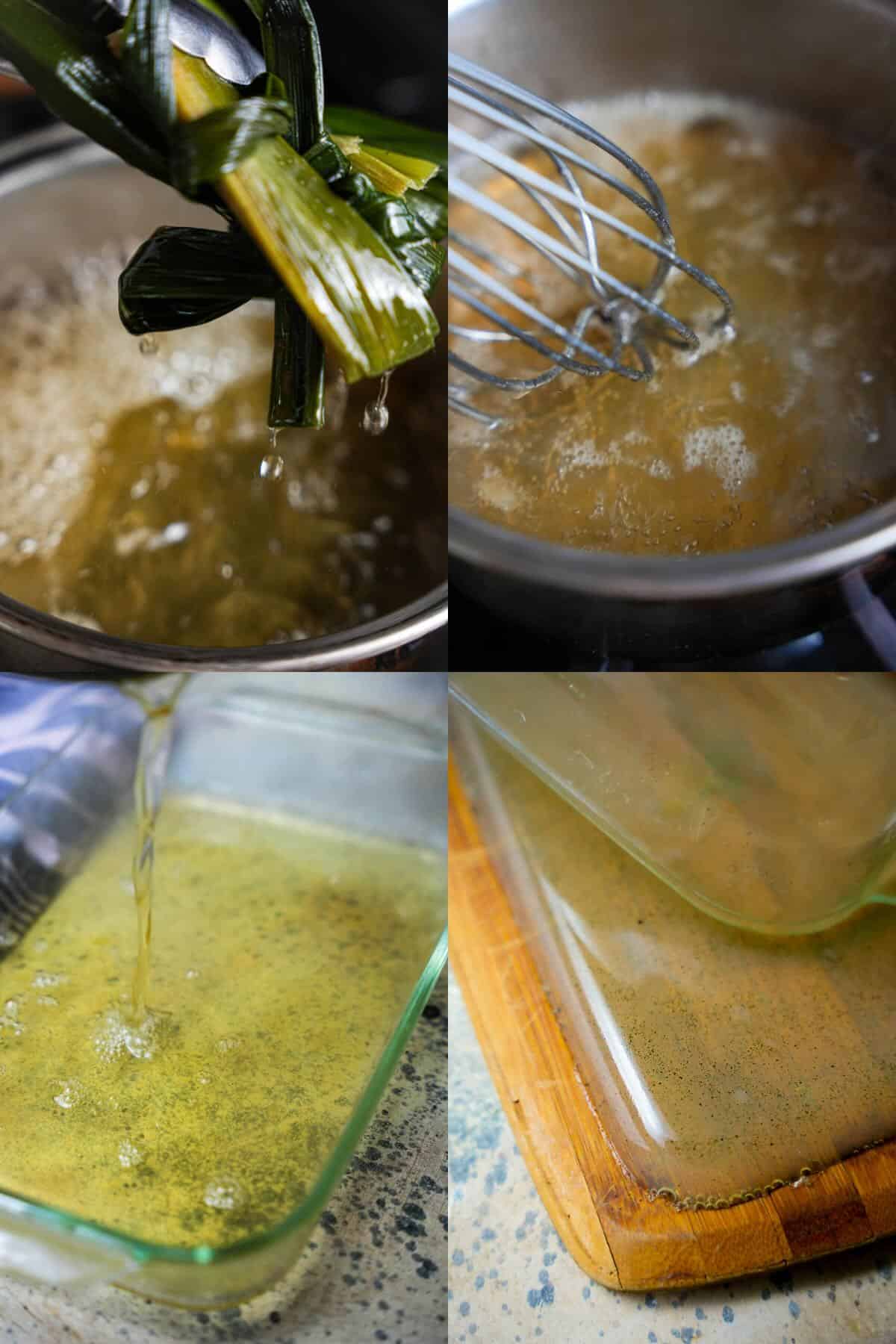 A series of photos documenting the step-by-step process of making a chè ba pandan jelly.