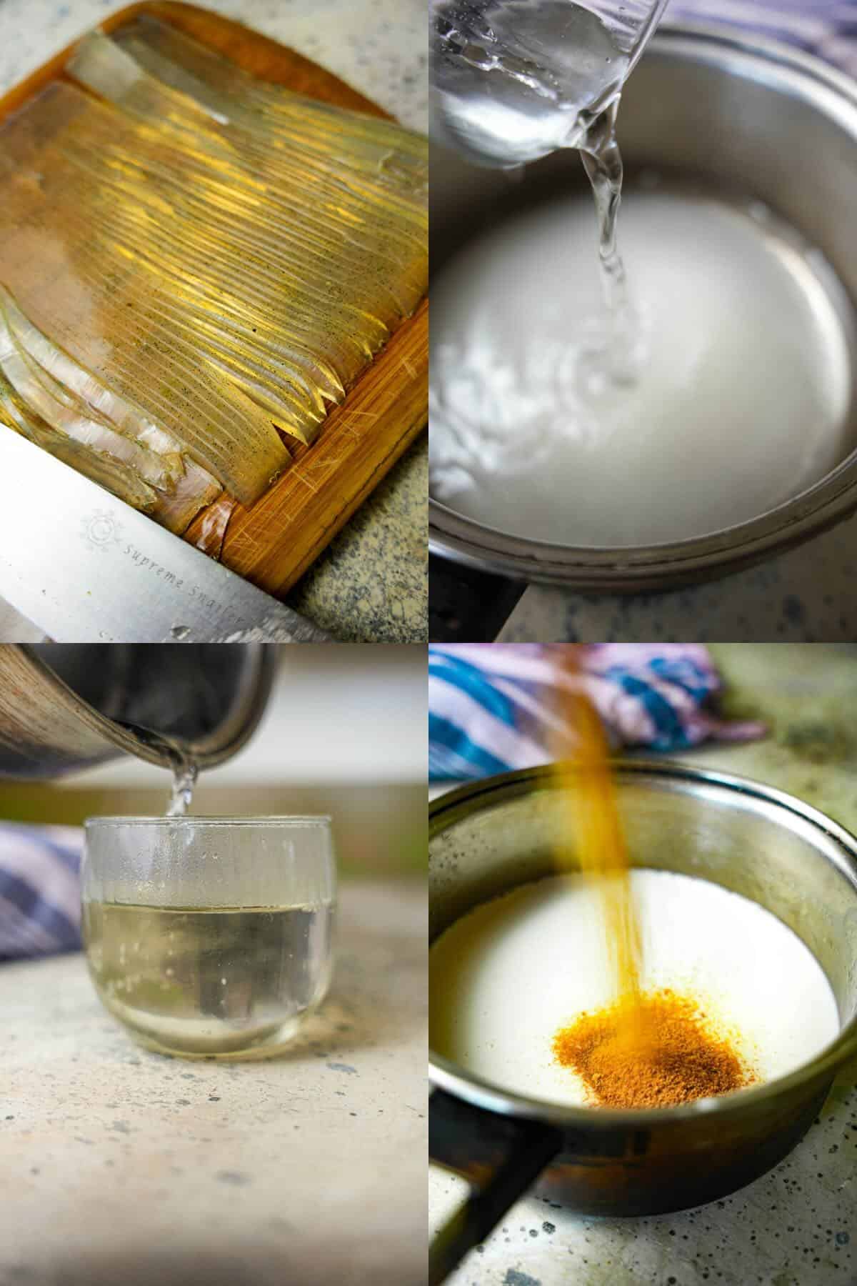 A series of photos showing the process of slicing che ba mau jelly and making sauce for chè ba.