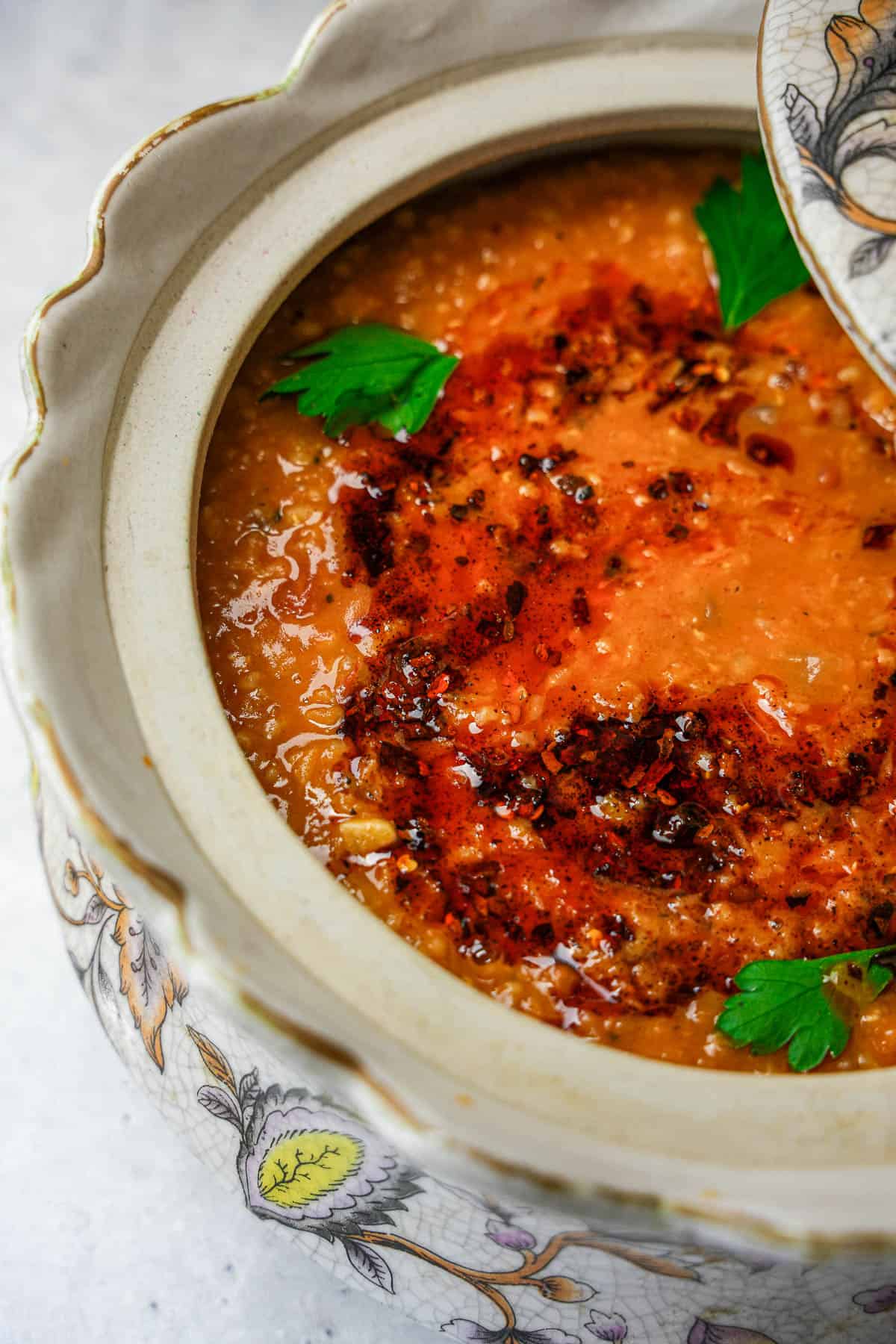 Ezogelin soup is served in a floral terrine.