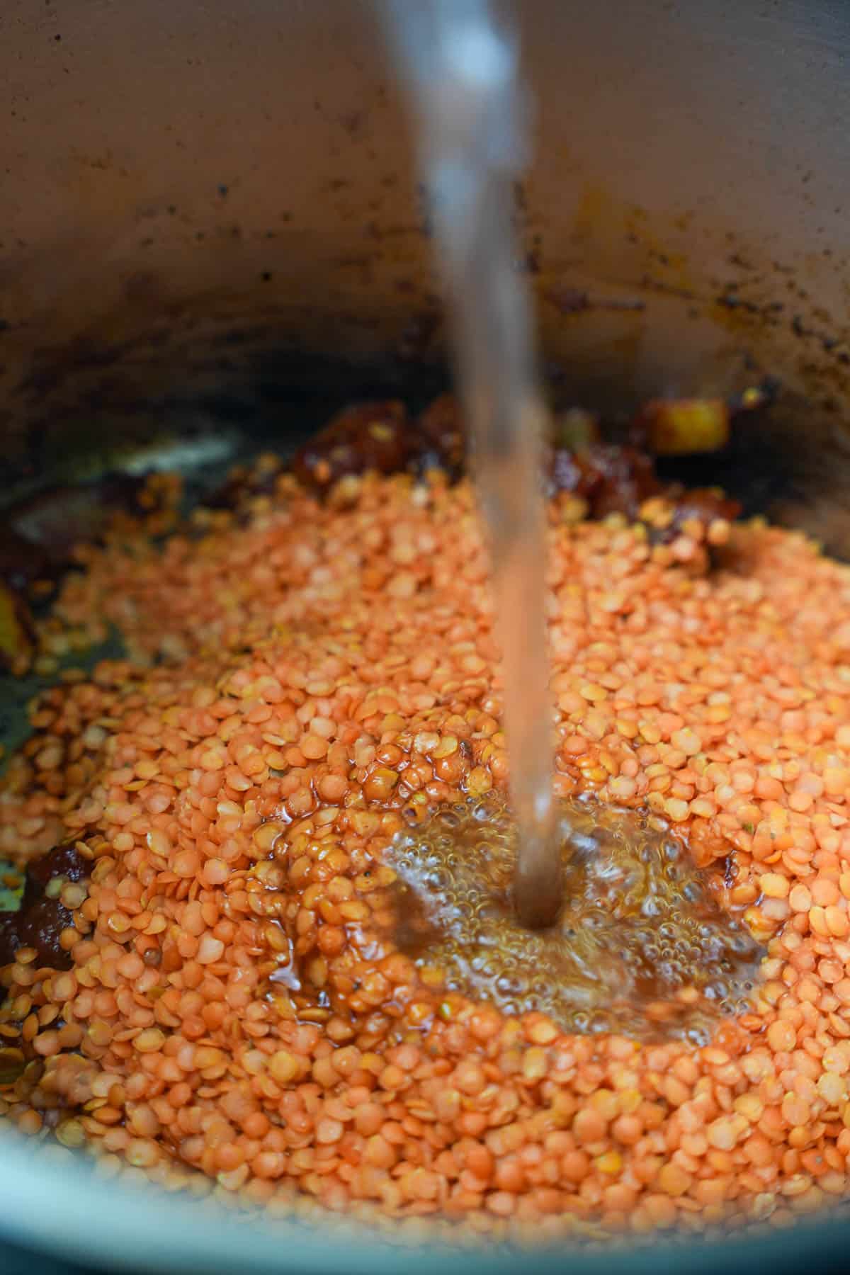 Lentils and water added to the contents of a stainless steel pot.