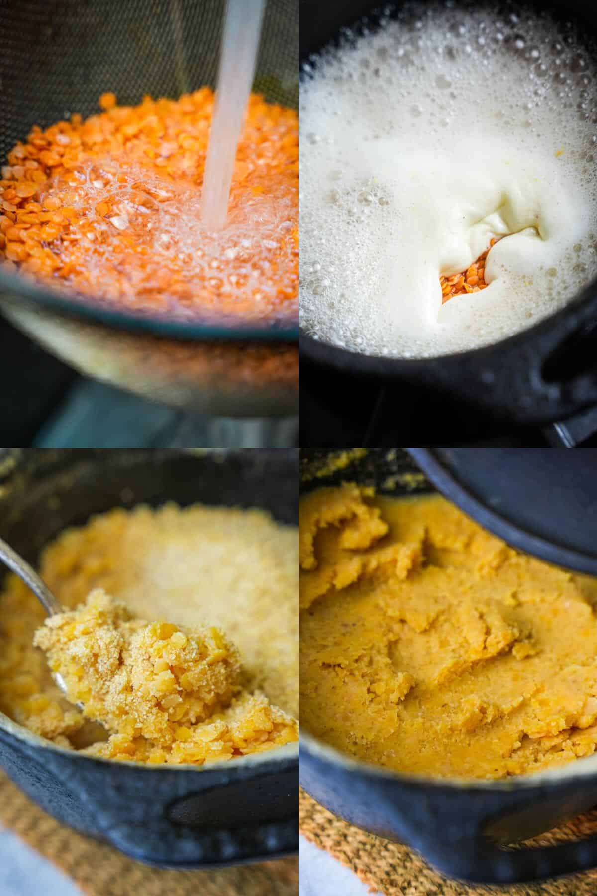 A series of photos showing the process of rinsing and cooking red lentils for Mercimek Köfte.