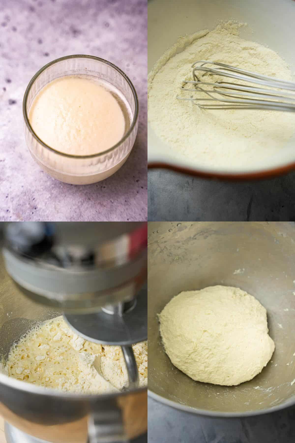 A collage of photos showing the process of proofing yeast and then making msemen dough in a mixer.