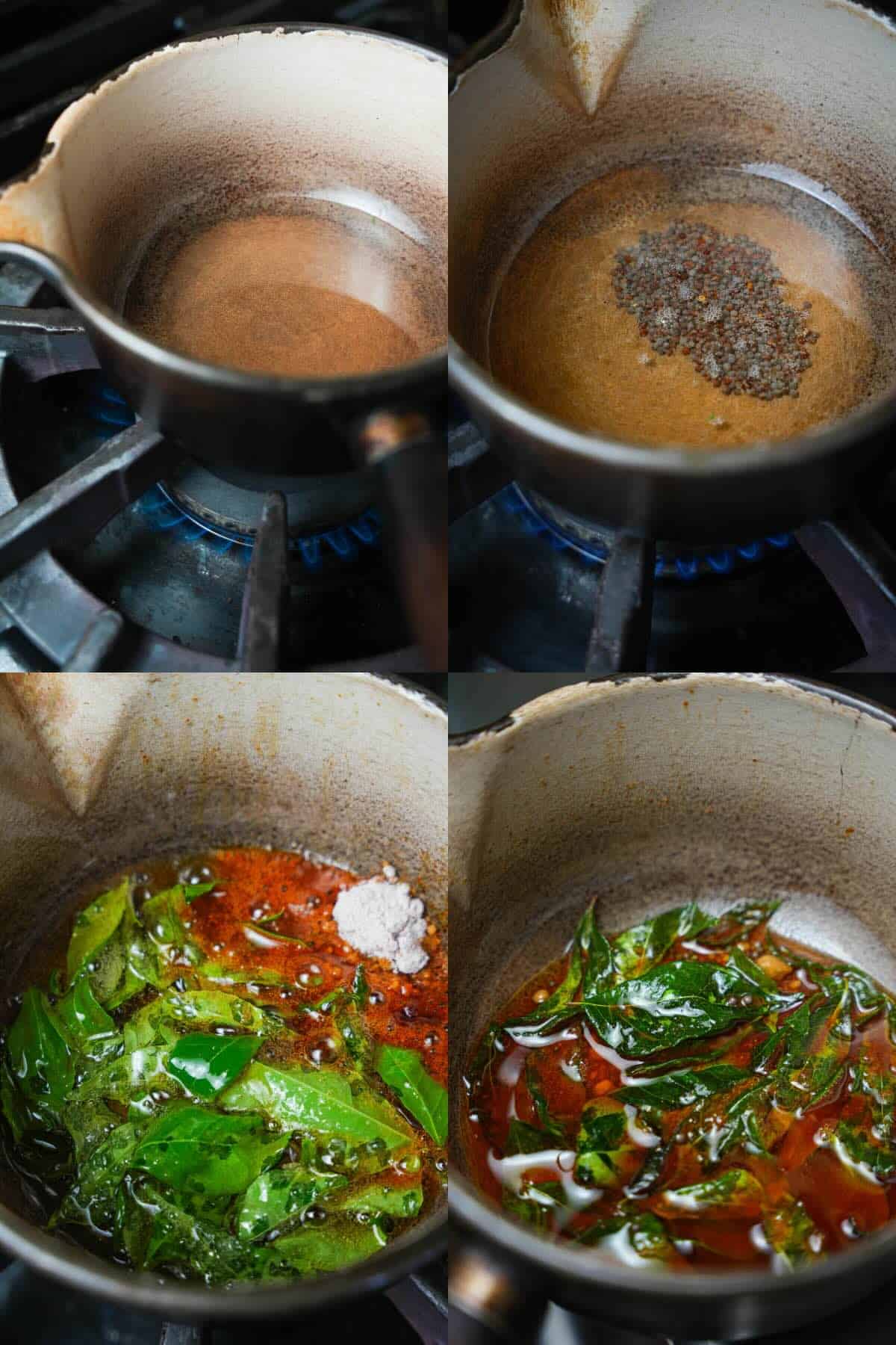 Four pictures showing the process of making a chana dal tadka.