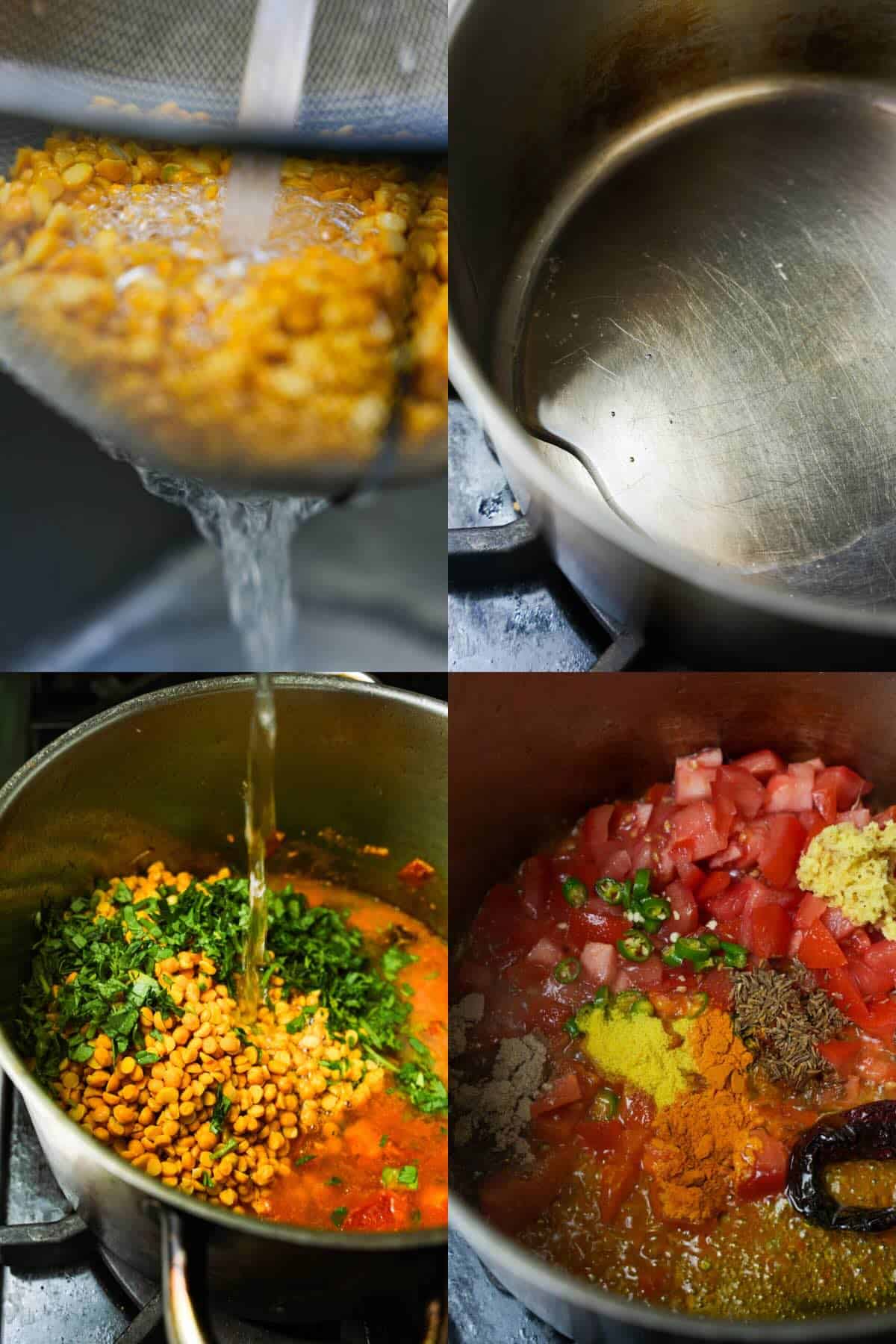 Chana dal being rinsed and cooked with herbs and spices in a pot.