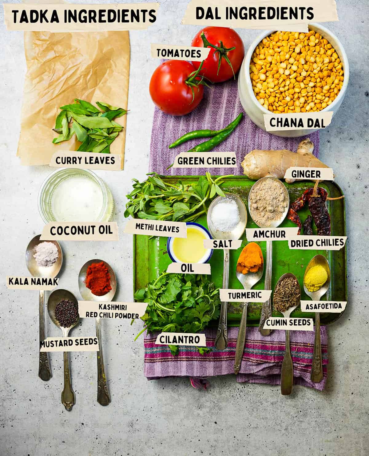 the ingredients for making chana dal are shown measured out and labeled on a table.