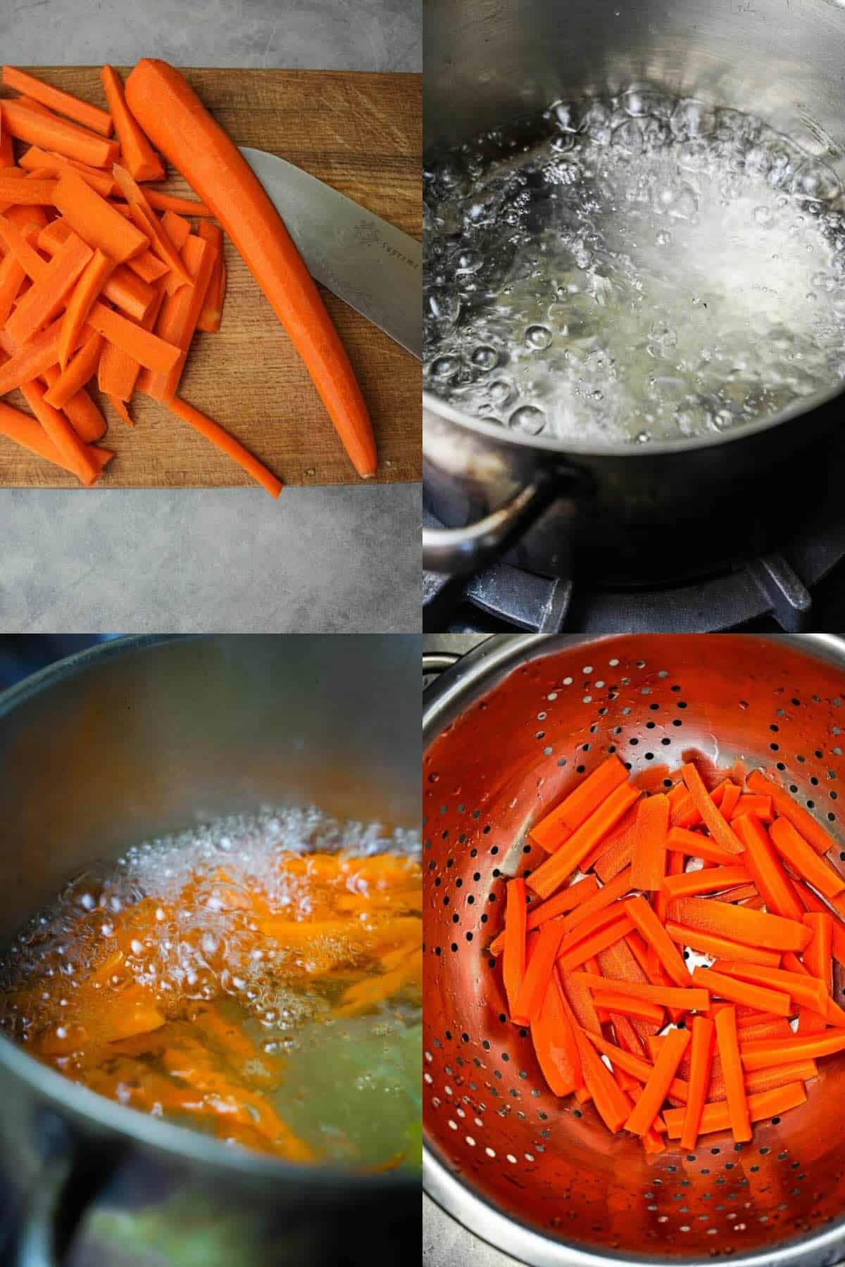 Four pictures of Carrots being cut, cooked and drained to make pickles.