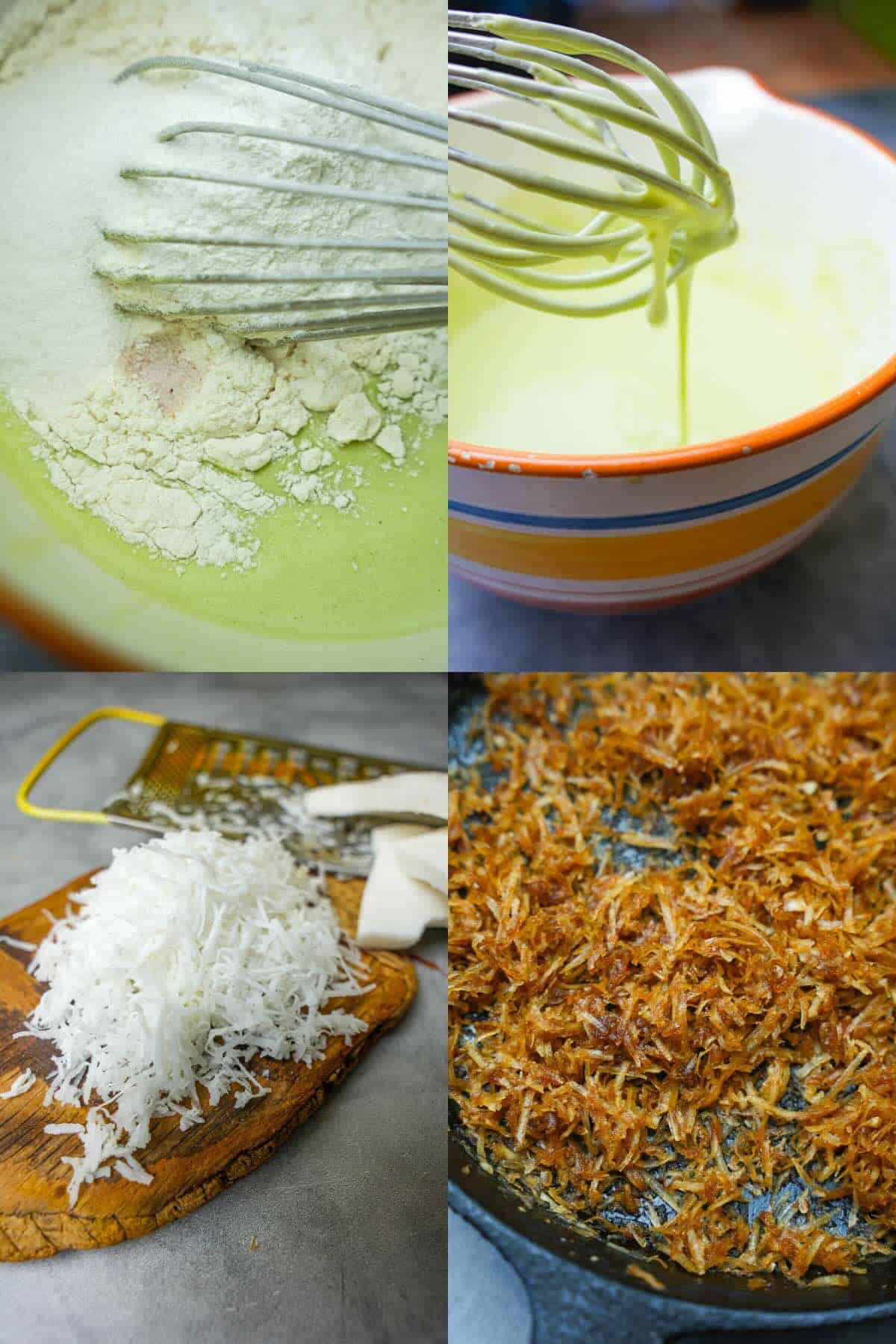A collage of pictures showing how to make kuih dadar batter and to shred and roast coconut flakes in a pan.