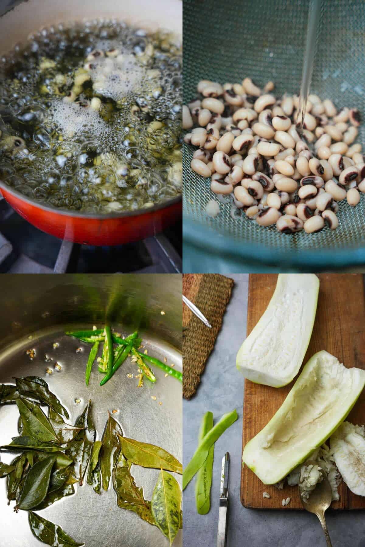 A collage of images showing how to make Olan, starting with boiling and rinsing of beans, frying of curry leaves and chilies, and gourd prep.