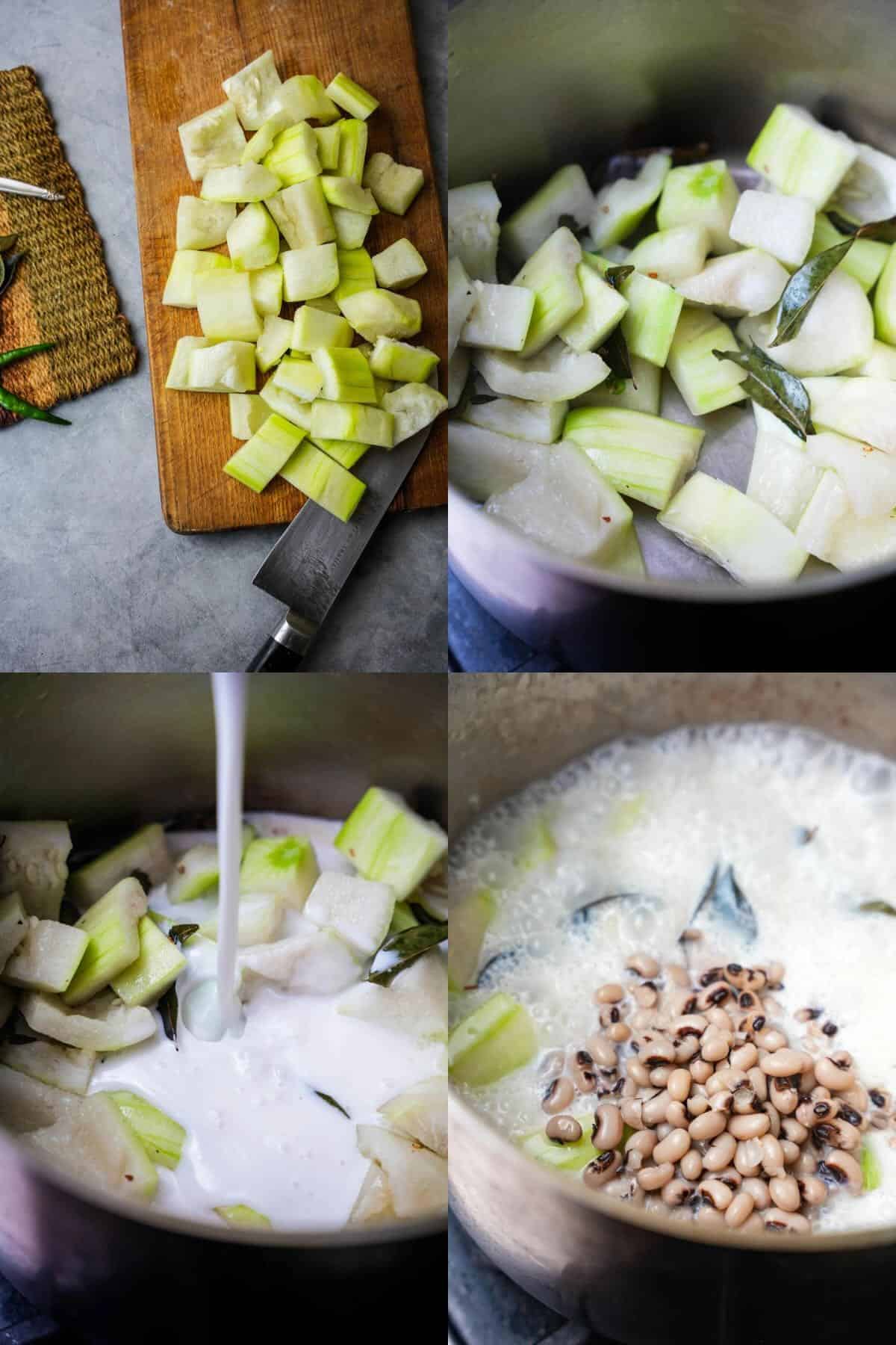 A series of photos showing the process of making Olan, a traditional Indian dish. Gourd getting cut, cooked and coconut milk and then cooked pigeon peas are added.