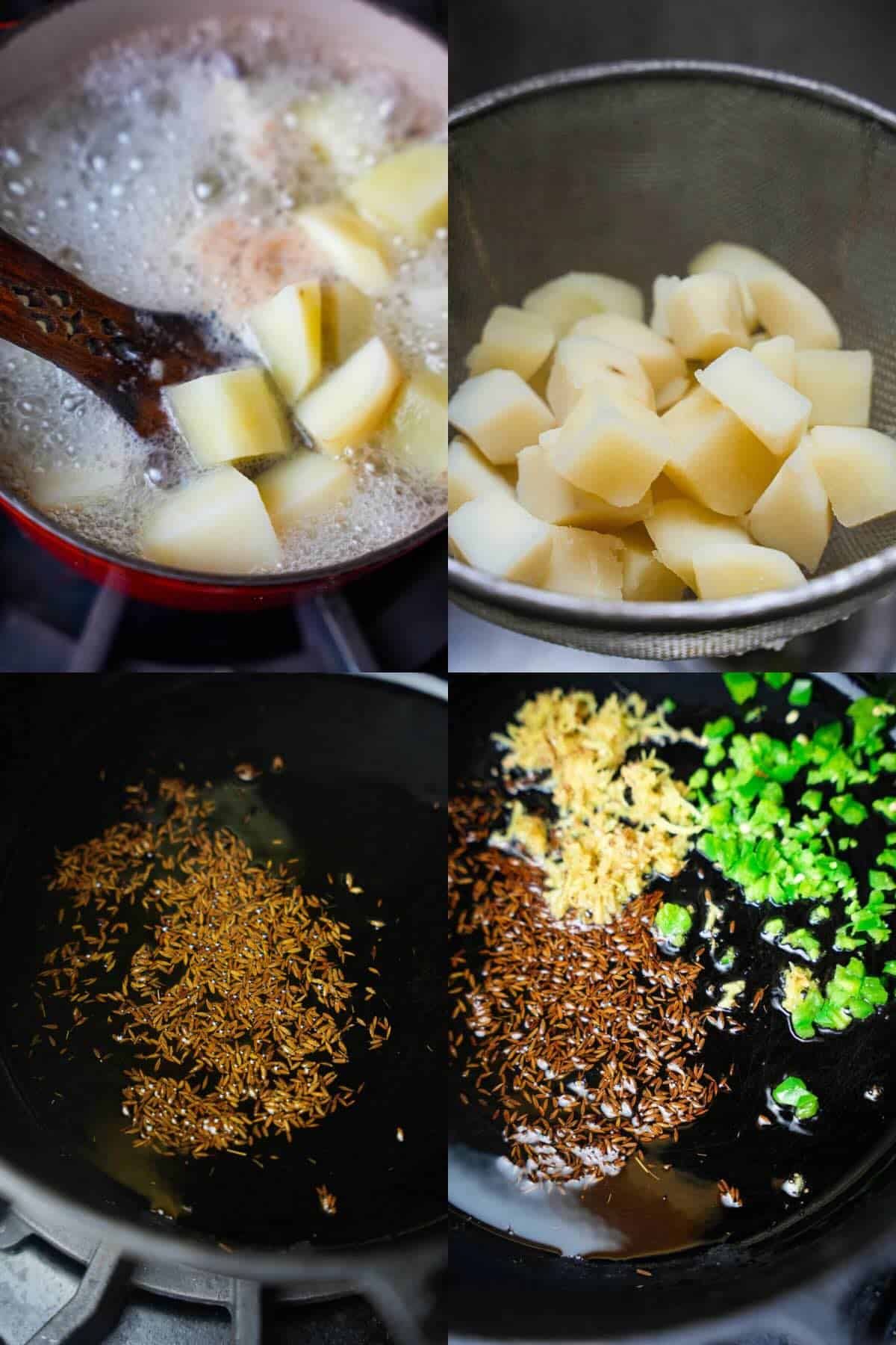 A series of photos showing how to cook and drain the potatoes, and start frying the whole spices for saag aloo.